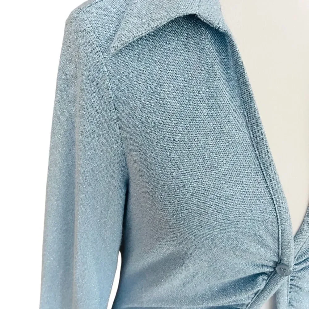 NWOT ZARA Sparkle Ruched Button Front Cutout Long Sleeve Blouse Light Blue Sz S